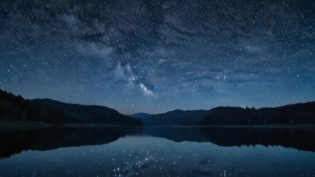 a lake with a starry sky and a mountain and a lake with a starry sky above it