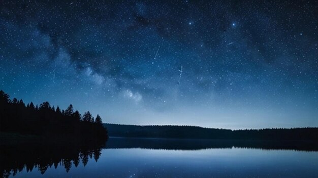 Photo a lake with a starry sky and a tree silhouetted against the night sky