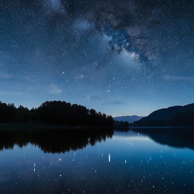 a lake with a starry sky and trees in the background