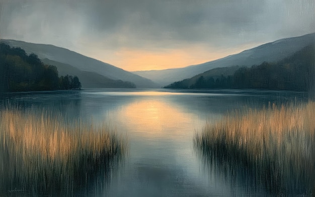 Photo a lake with a sunset in the background