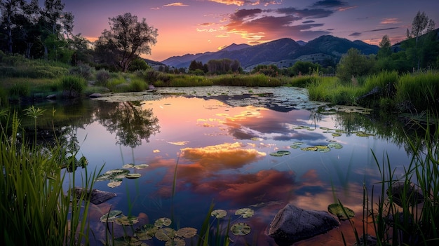 a lake with a sunset and mountains in the background