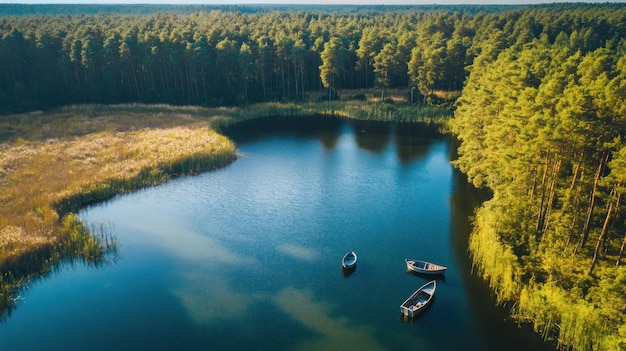 Photo a lake with three boats floating on it