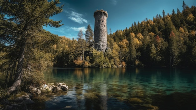 A lake with a tower in the foreground and a forest in the background.