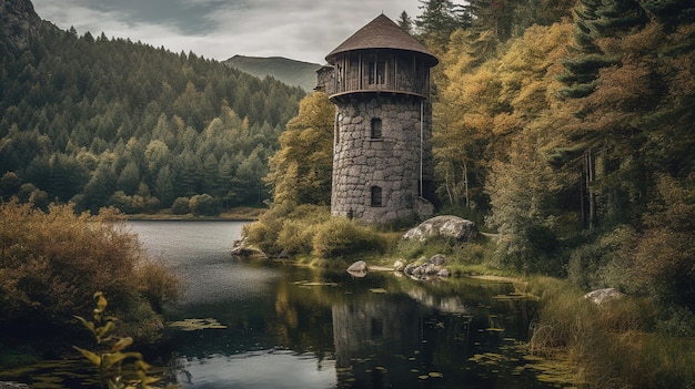 A lake with a tower on it and a forest in the background