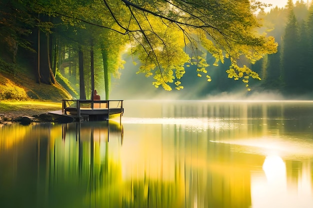 A lake with a tree in the foreground and a couple sitting on a dock in the background.