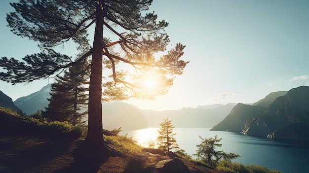 A lake with a tree in the foreground and the sun shining through the trees.