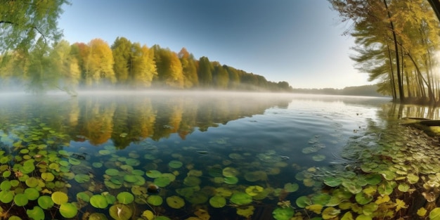 A lake with a tree in the foreground and a tree in the background