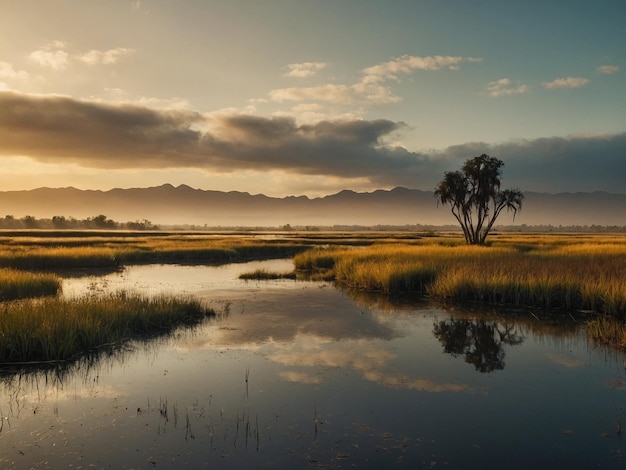 Photo a lake with a tree and mountains in the background