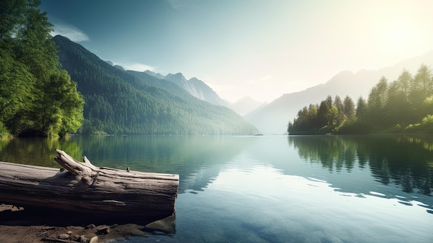 A lake with a tree stump in the foreground and mountains in the background.