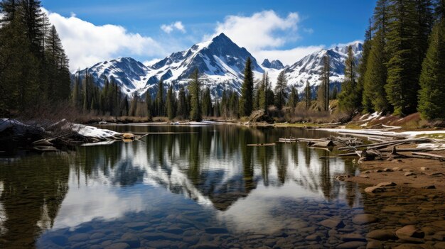 a lake with trees and mountains in the background