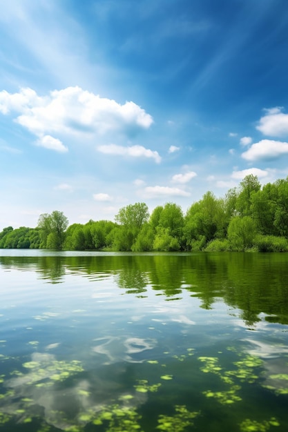 A lake with trees and sky in the background