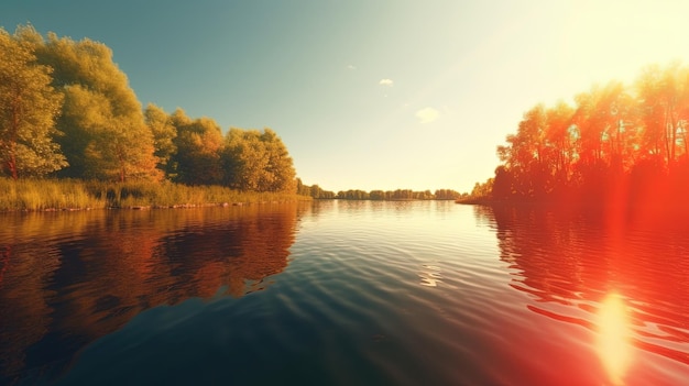 A lake with trees and a sunset in the background