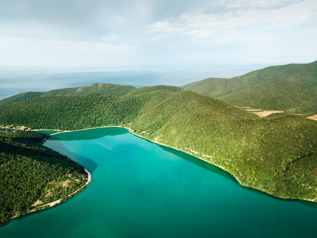 Lake with turquoise water in the green mountains with sea view Abrau lake in Abrau Durso Russia