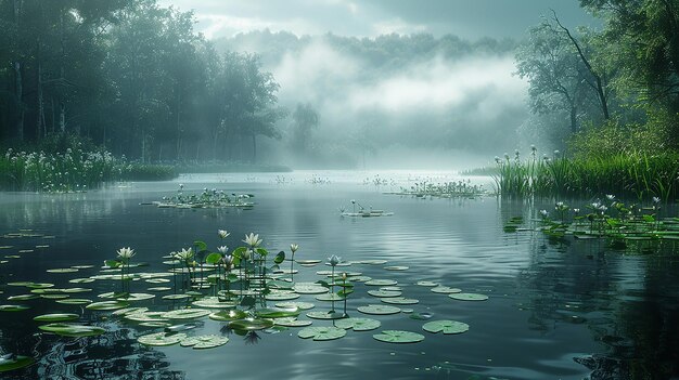 Photo a lake with water lilies and a foggy background