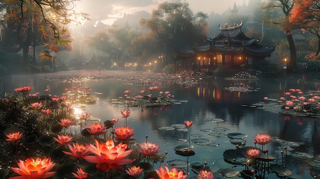 a lake with water lilies and a temple in the background