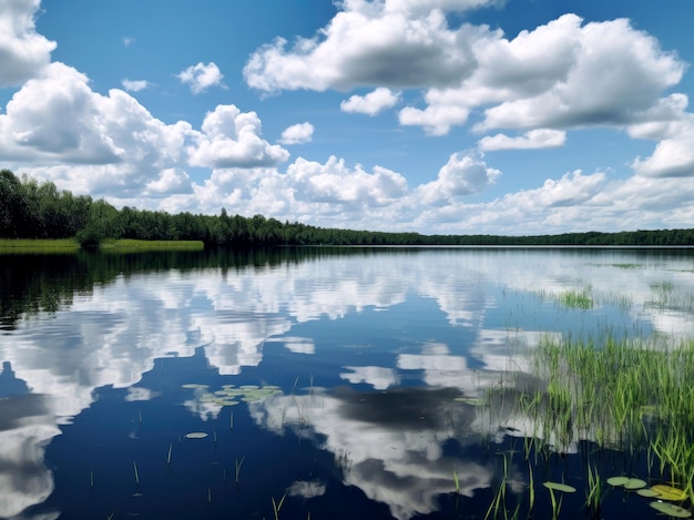 A lake with water and sky with white puffy clouds