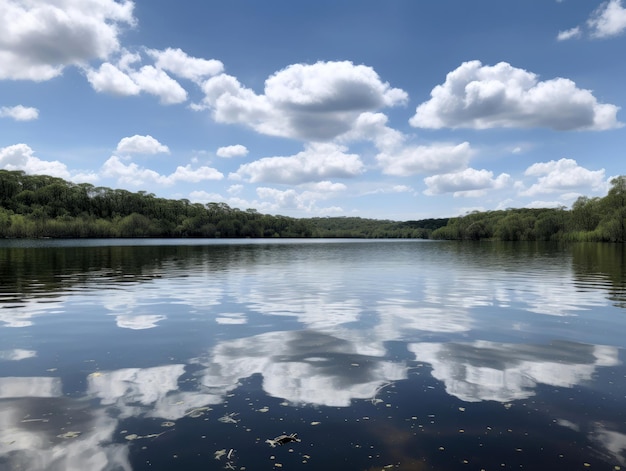 A lake with water and sky with white puffy clouds