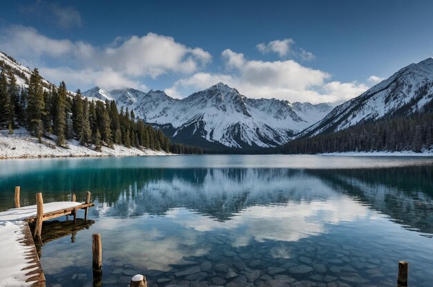 Photo a lake with a wooden dock and a mountain in the background