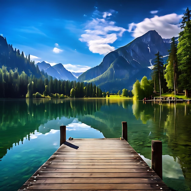 Lake with a wooden pier and reflections of mountains