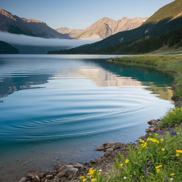 a lake with yellow flowers and a mountain in the background wallpaper background