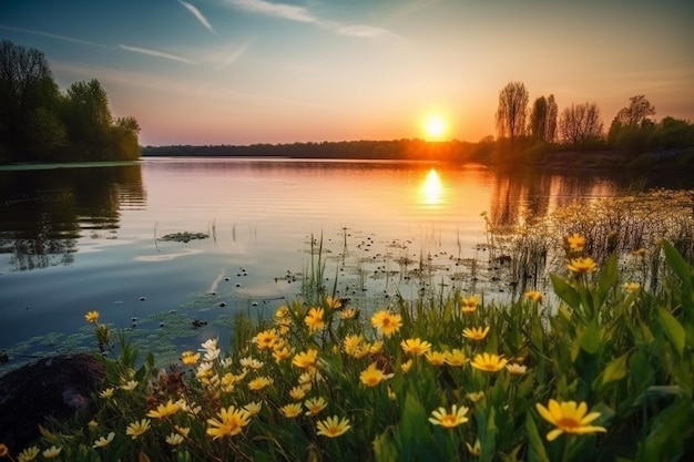 A lake with yellow flowers and the sun setting