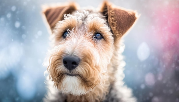 Lakeland Terrier Dog Medium Shot White Pink Blue Magical Fantasy Bokeh Generative AI