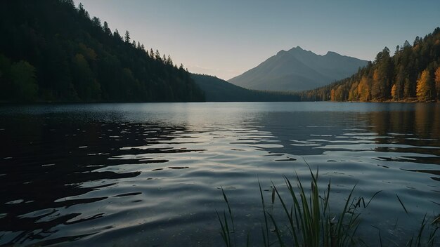 The lakes serene waters showcasing the vibrant colors of a fall dusk