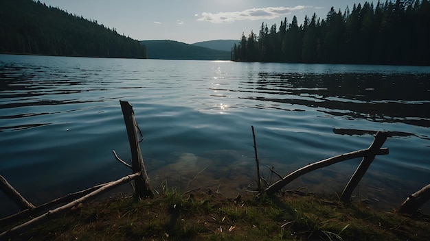 Photo the lakes serene waters showcasing the vibrant hues of a spring sunset