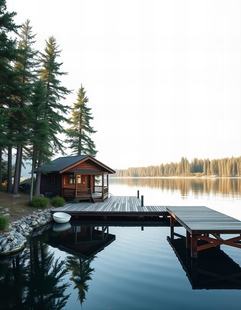 Photo lakeside cabin with wooden dock