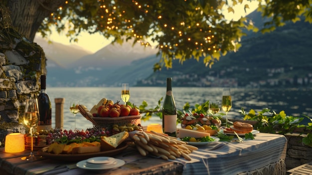 Lakeside evening feast with wine and lights nestled in nature