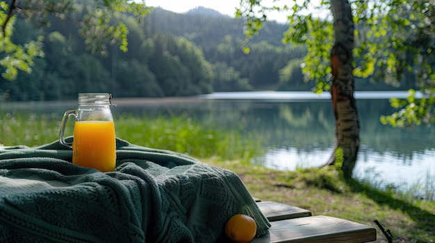 Photo a lakeside picnic with sunshine and orange juice