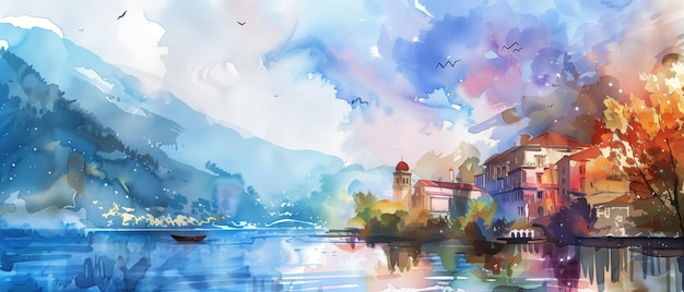 Lakeside Serenity A dreamy watercolor landscape that captures the tranquil beauty of a lakeside vill