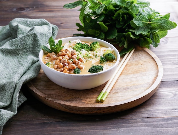 Laksa noodle soup With pumpkin and broccoli, thai spicy soup