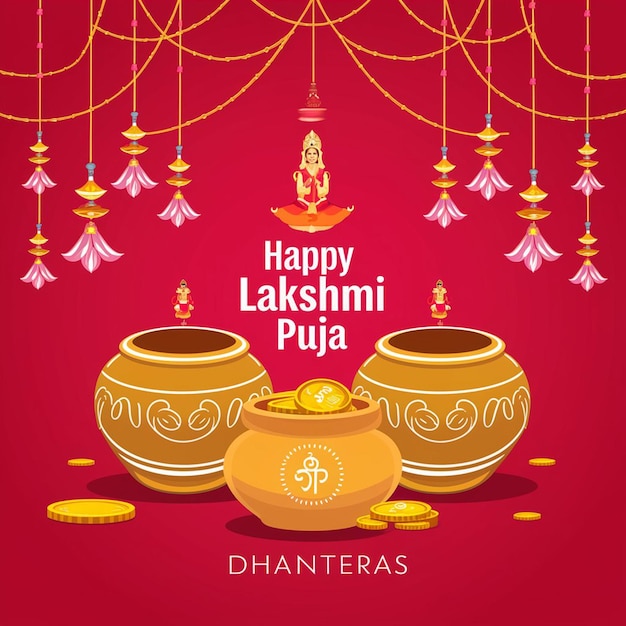 Lakshmi puja background illustration with gold pot full of gold coins