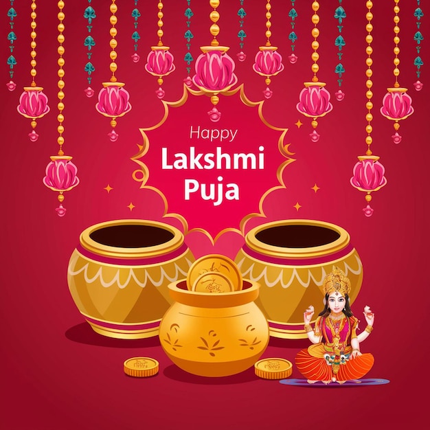 Lakshmi puja background illustration with gold pot full of gold coins