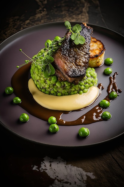 Lamb belly peas with herb crusted roast potato puree