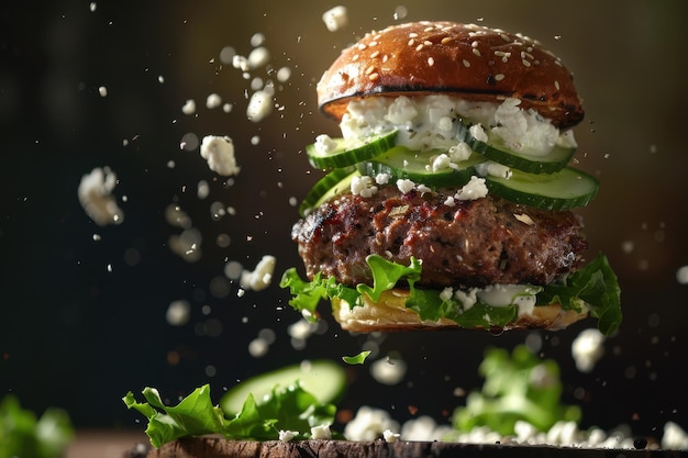 A lamb burger with a lamb patty feta cheese tzatziki sauce and cucumber slices ingredients flying in