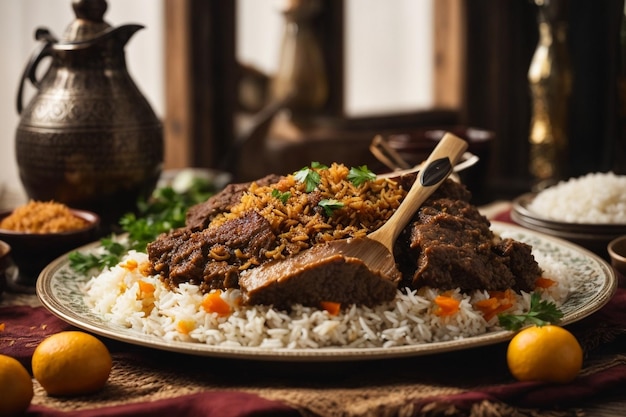 Lamb carcass with rice feast of popular saudi food traditional saudi rice cooked with meat ar c