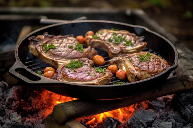 Lamb chops sizzling on a cast iron grill over campfire created with generative ai