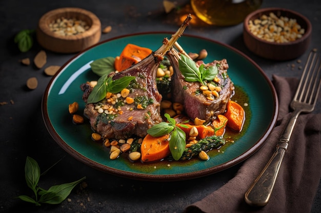 Lamb Chops with Pistachios Roasted Basil and vegetables serve as garnish