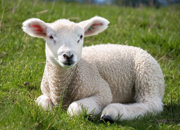 A lamb laying in the grass with the word lamb on the front