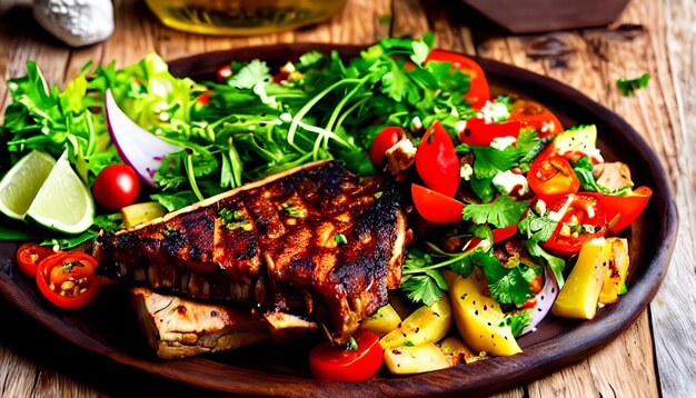 Lamb ribs kebab with vegetable salad and peppercorns on a wooden table