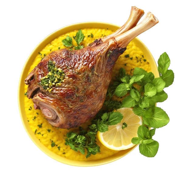 Lamb shank slow roasted and tender with mint gremolata and lemon zest dancing in