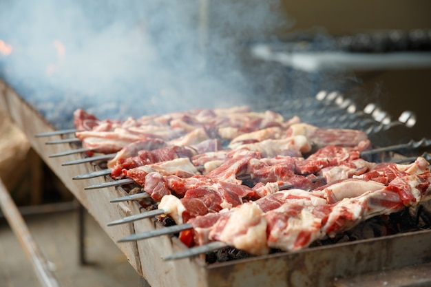 Lamb skewers strung on skewers are grilled on the grill