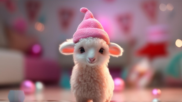 A lamb wearing a pink hat with the word lamb on it