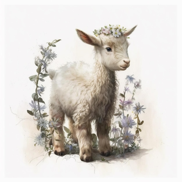 A lamb with a flower crown on it