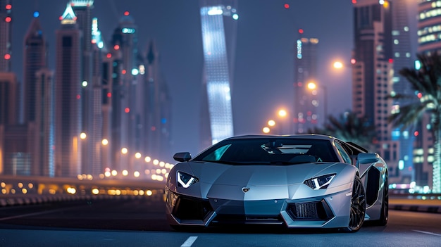 Lamborghini Aventador in downtown Dubai at night