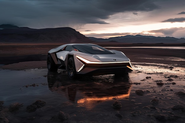 A lamborghini concept car parked in a desert