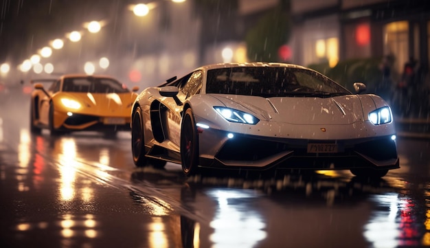 Lamborghini huracan is driving in the rain