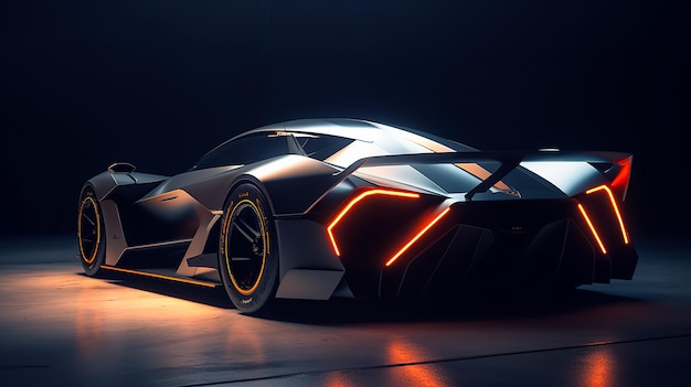 A lamborghini sports car in a dark room.